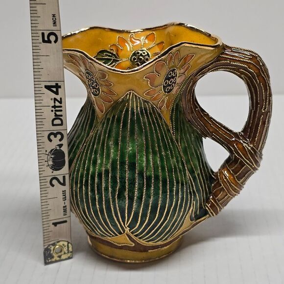 Vintage Oriental Enameled Cloisonne Vase, Decorative Floral Creamer Pitcher - Picture 8 of 8